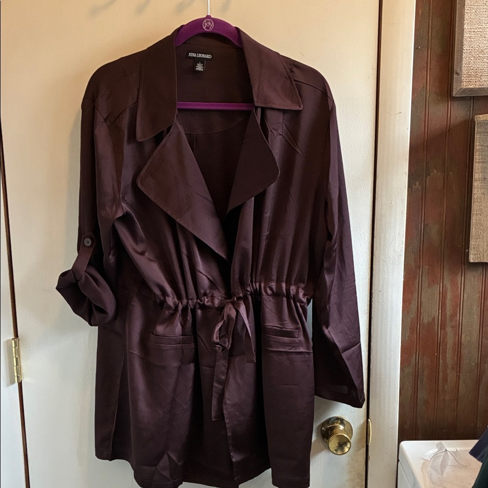 Nina Leonard Plum Satin Drawstring Blazer